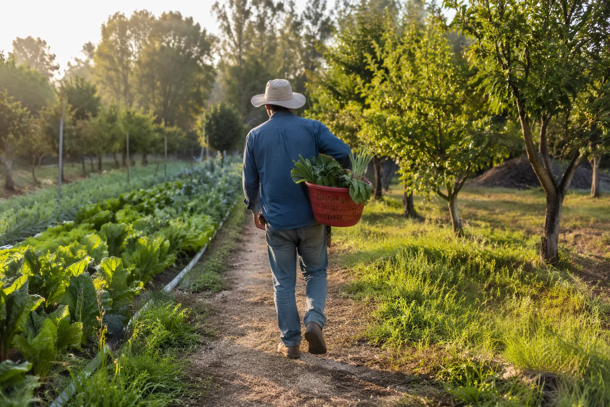 Farmer Harvesting Vegetables at Sunrise Field