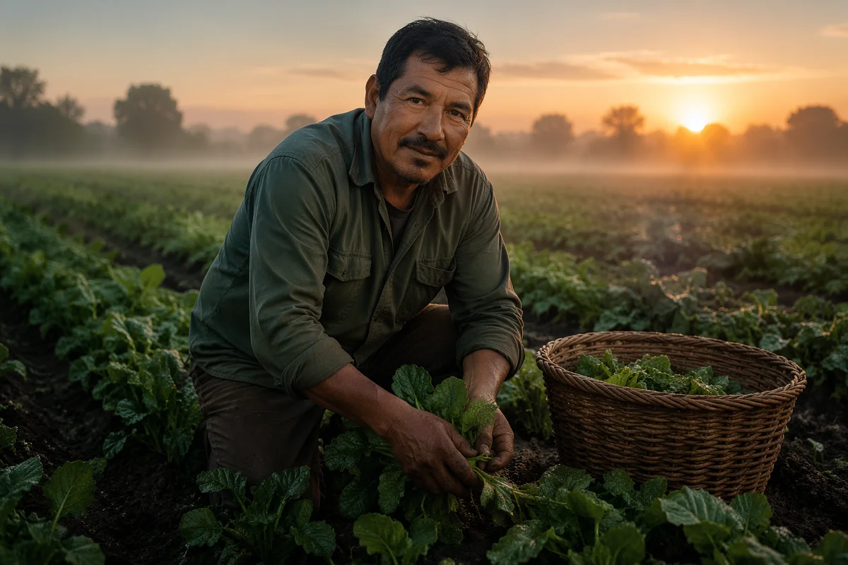 Farmer Harvesting Leafy Vegetables at Sunrise