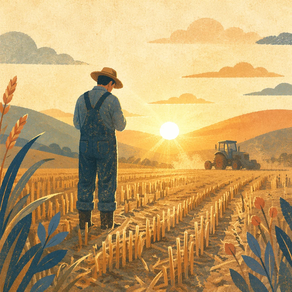 Farmer Praying at Golden Harvest Field