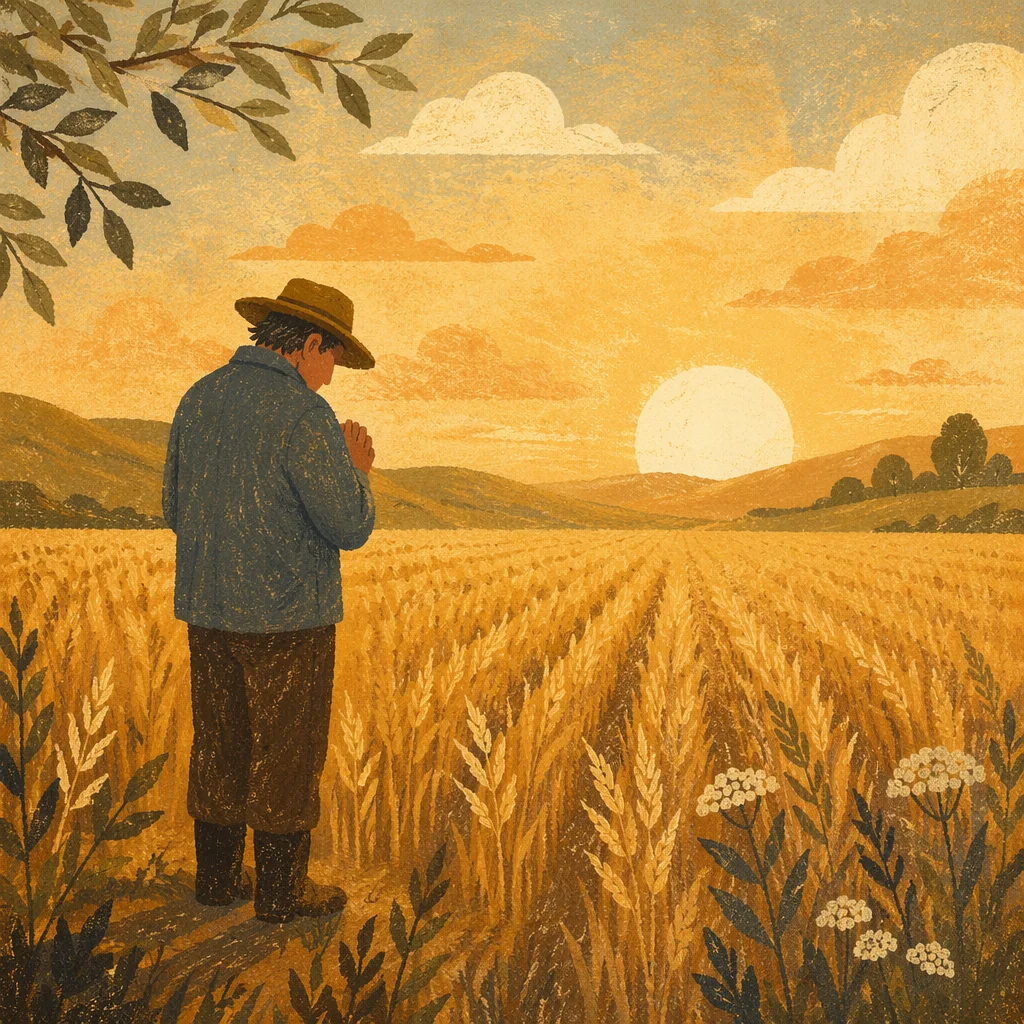 Farmer Praying Over Harvest at Golden Hour