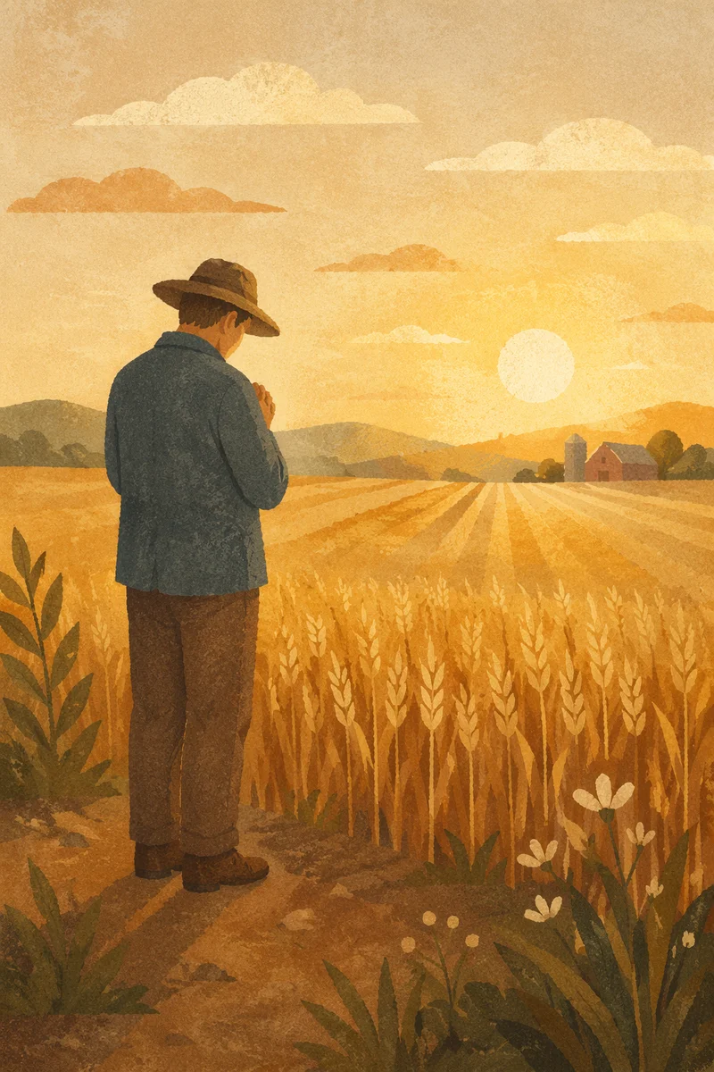 Farmer Praying Over Harvest at Golden Hour