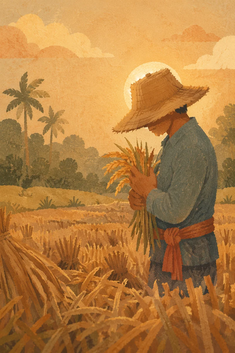 Farmer Praying in Golden Harvest Field