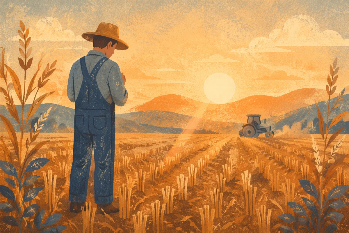 Farmer Praying Over Harvest at Golden Hour