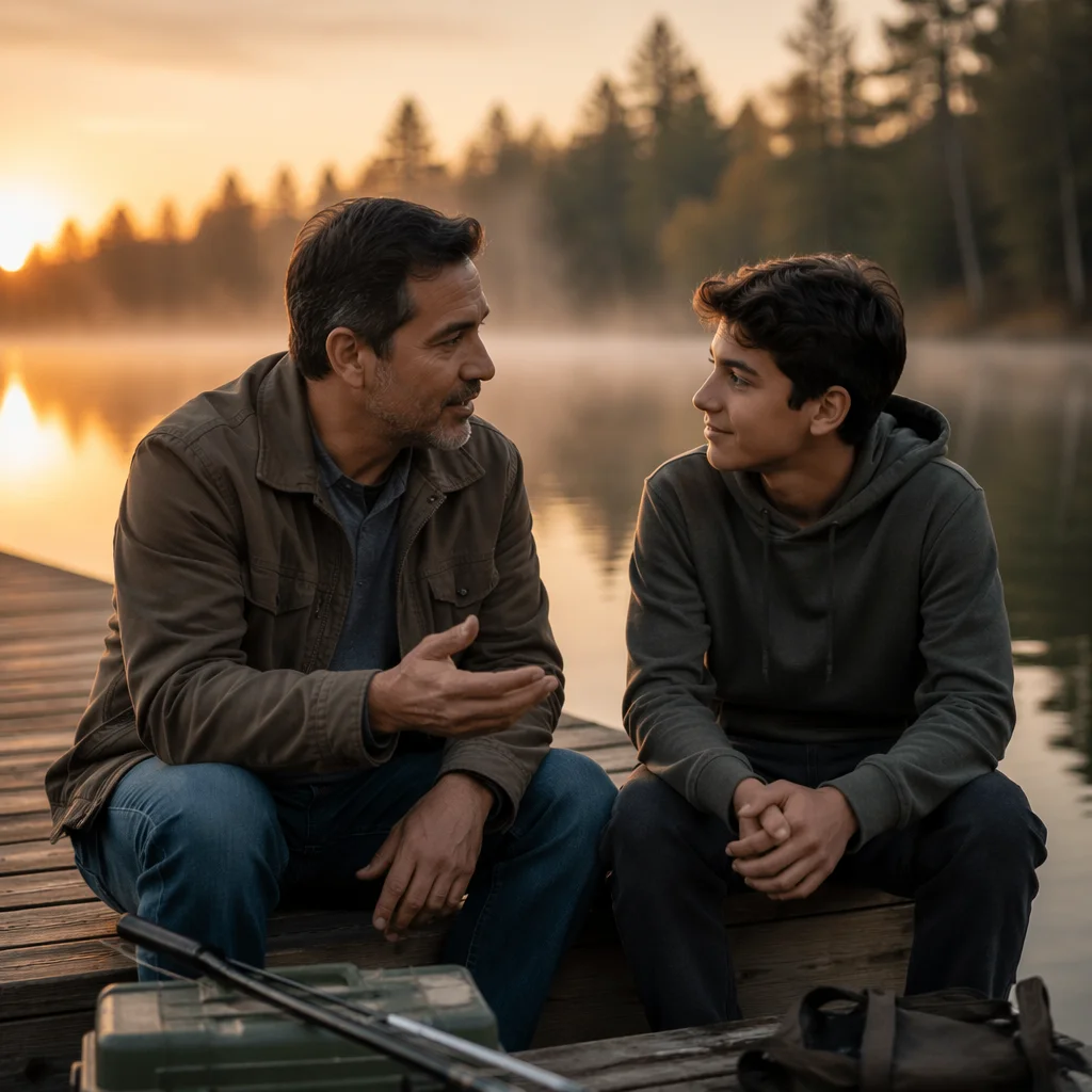 Father and Son Talking on Dock
