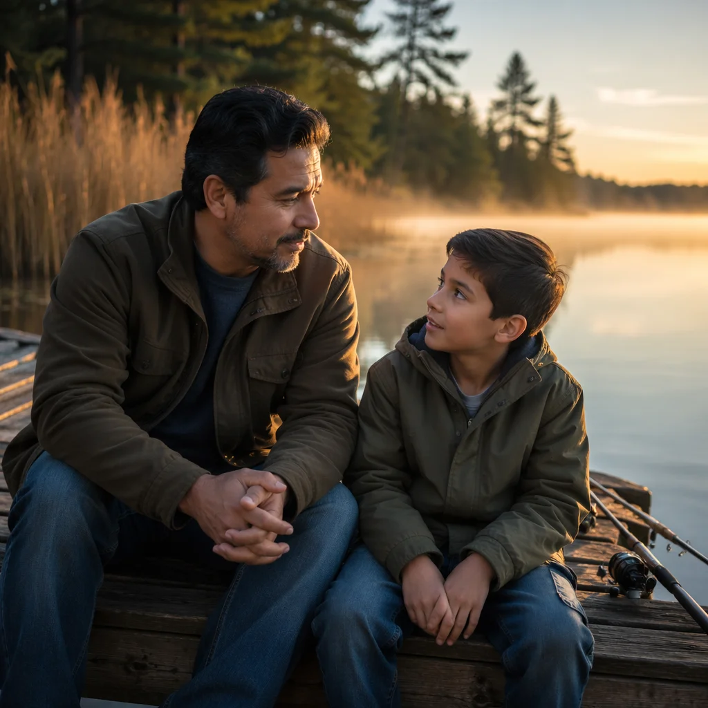 Father and Son Talking on Dock