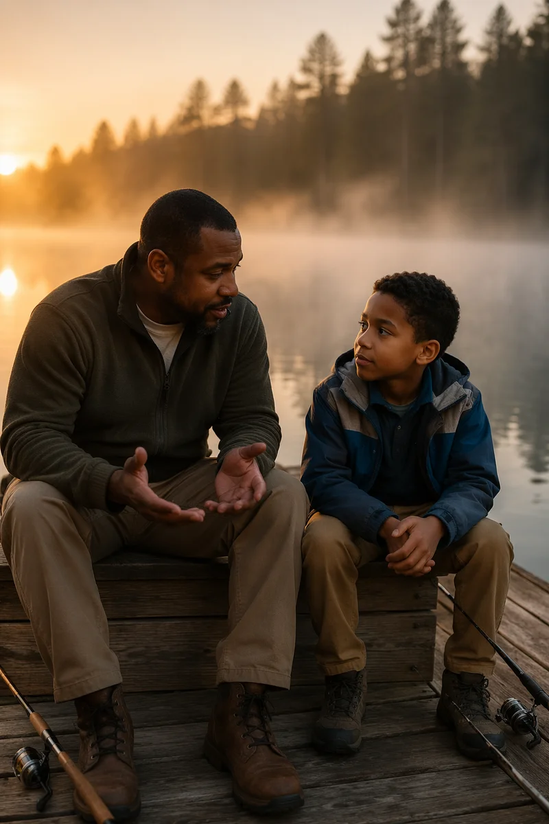 Father and Son Talking on Dock