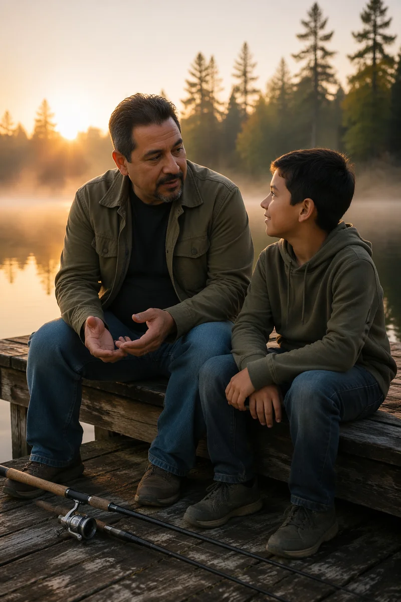 Father and Son Talking on Dock