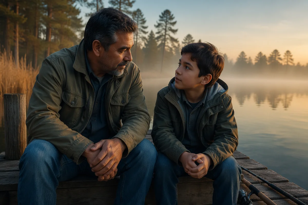 Father and Son Talking on Dock