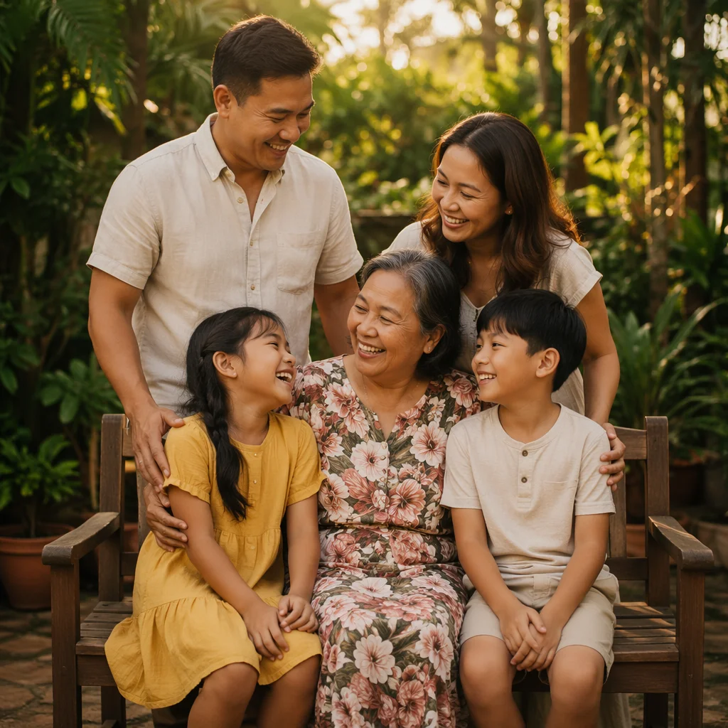 Joyful Filipino Family in Garden Portrait