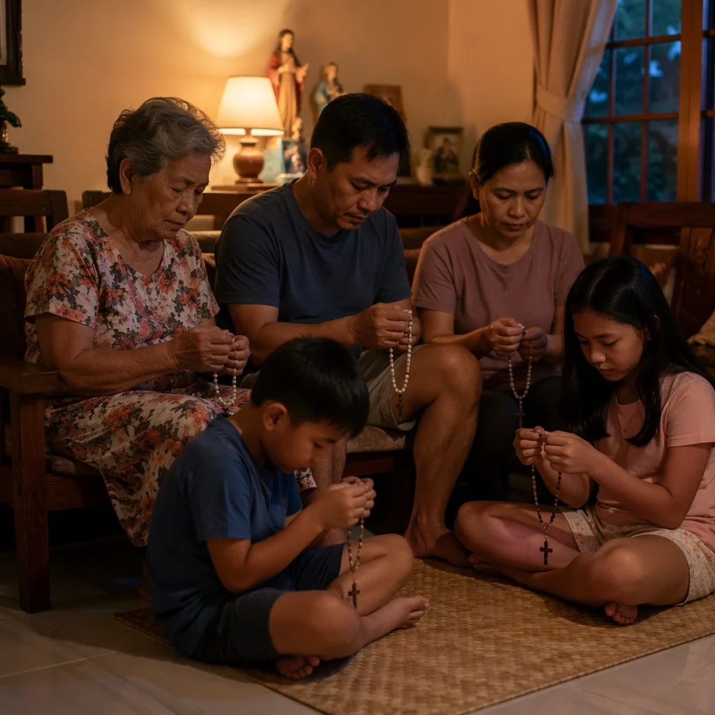 Filipino Family Praying Rosary at Home
