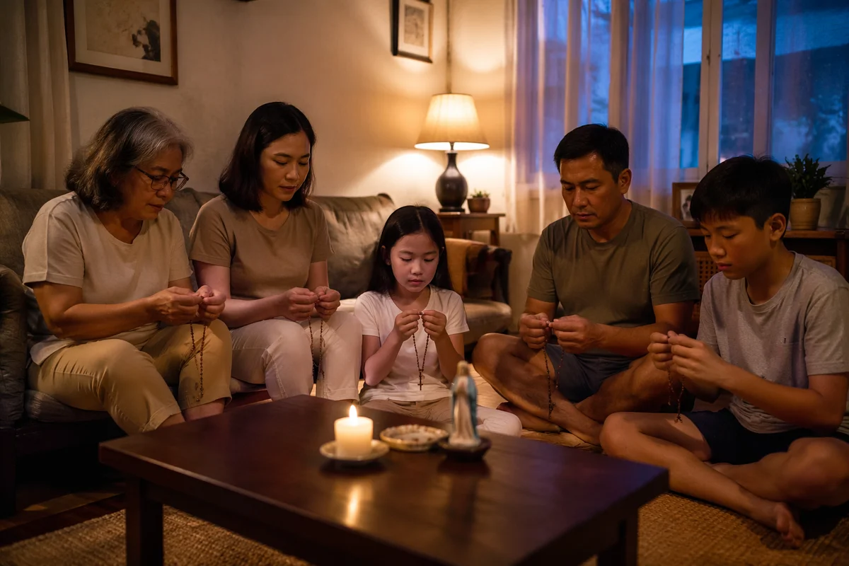 Filipino Family Praying Rosary at Home
