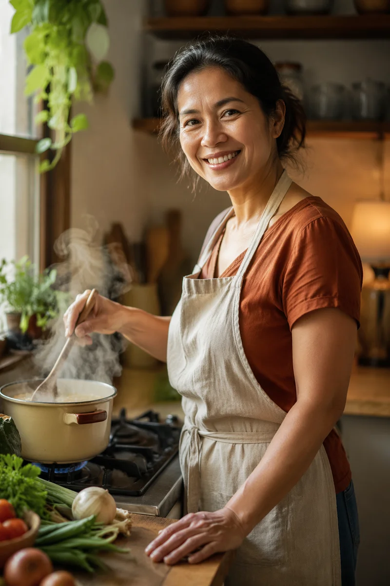 Filipino Woman Cooking in Bright Kitchen