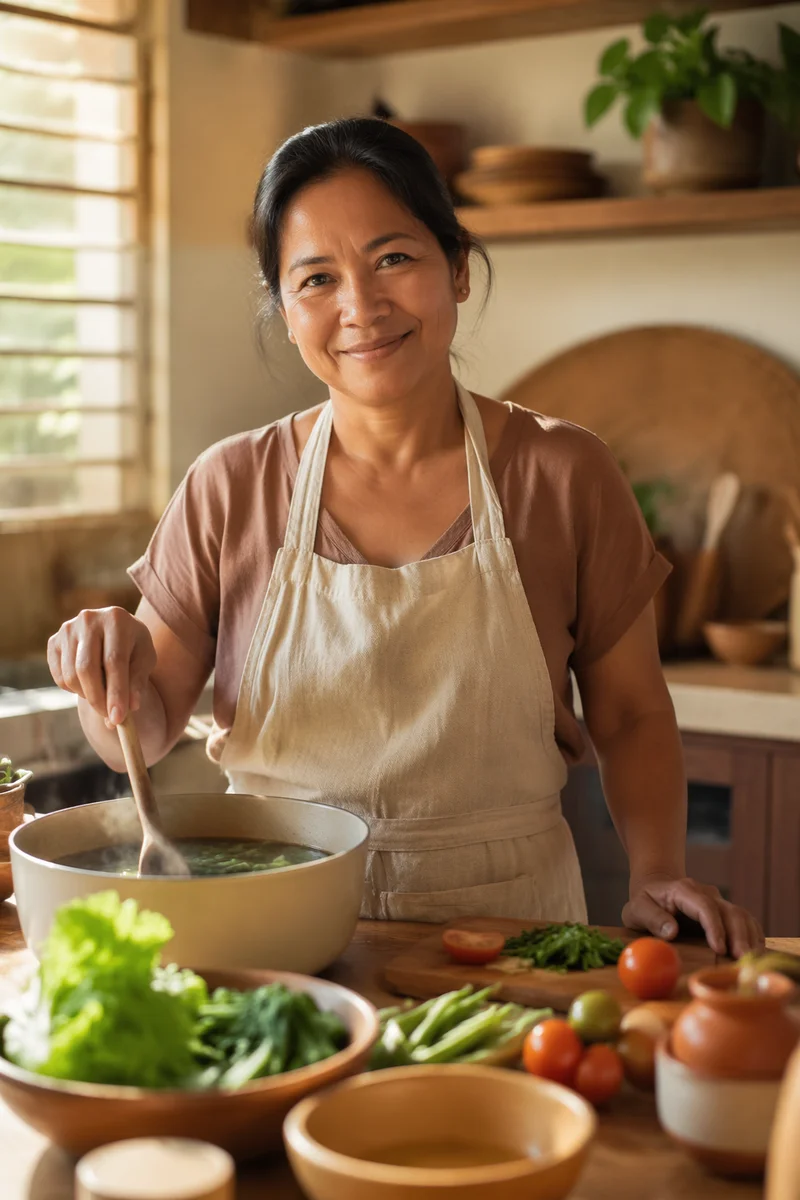 Filipino Woman Cooking in Bright Kitchen