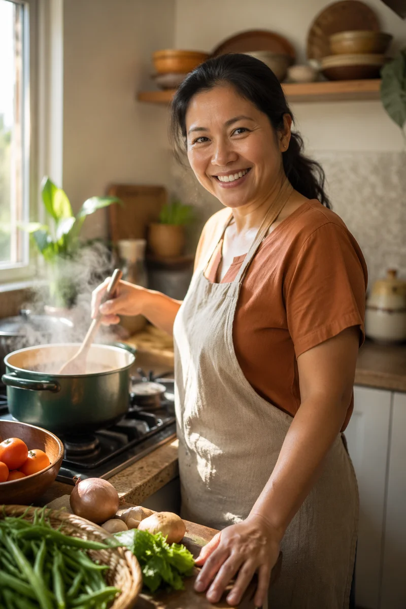 Smiling Filipino Woman Cooking in Bright Kitchen