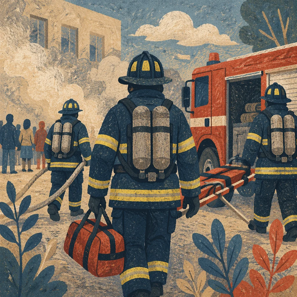 Firefighters in Gear by Red Fire Truck