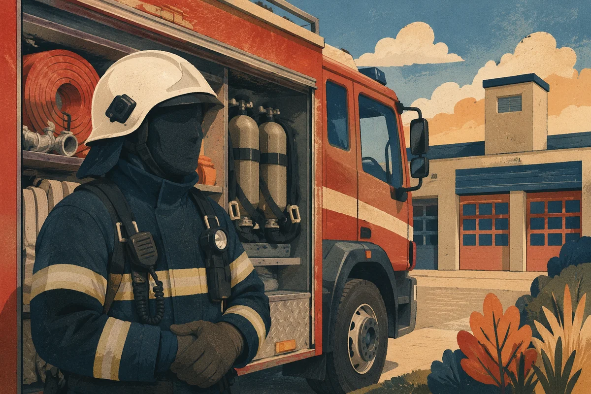Firefighter in Gear Beside Fire Truck