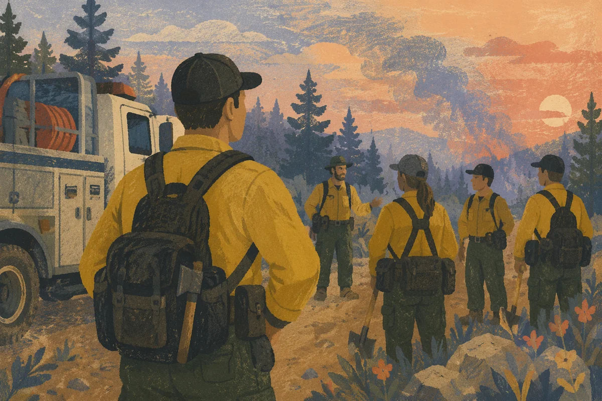 Wildland Firefighter Briefing at Dusk