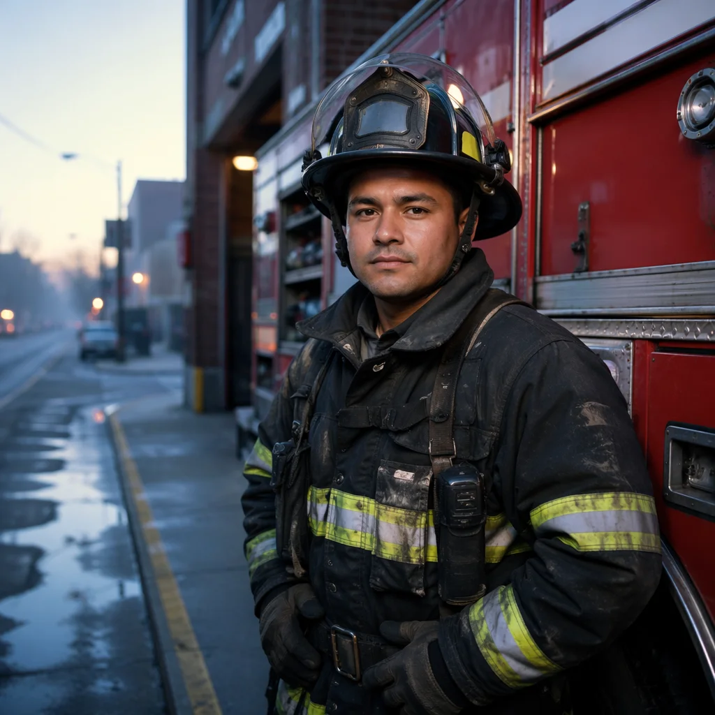 Hispanic Firefighter at Dawn Beside Fire Truck