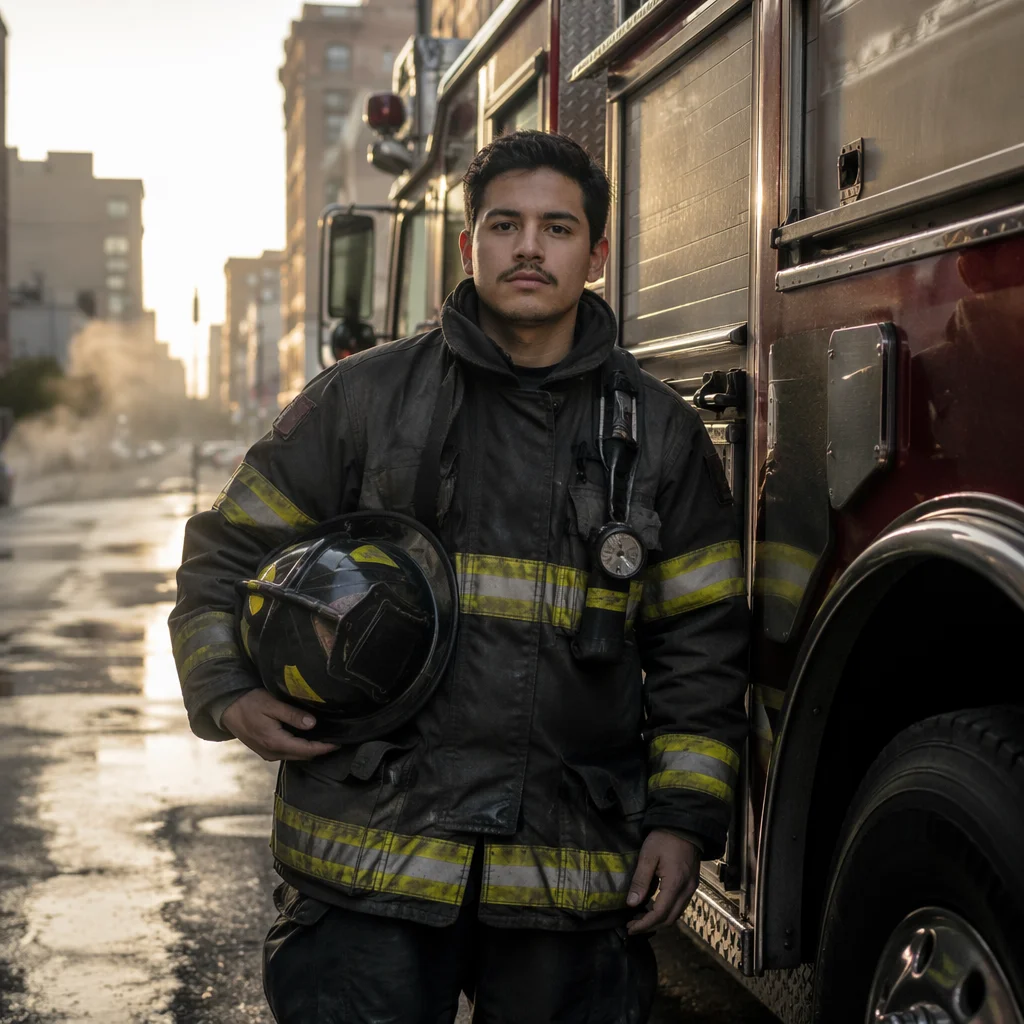 Hispanic Firefighter at Sunrise by Fire Truck