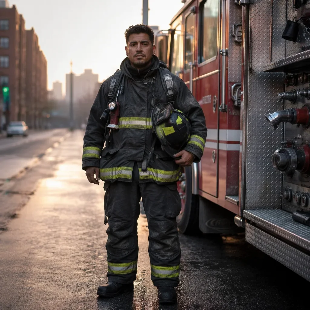 Firefighter Beside Red Truck at Dawn