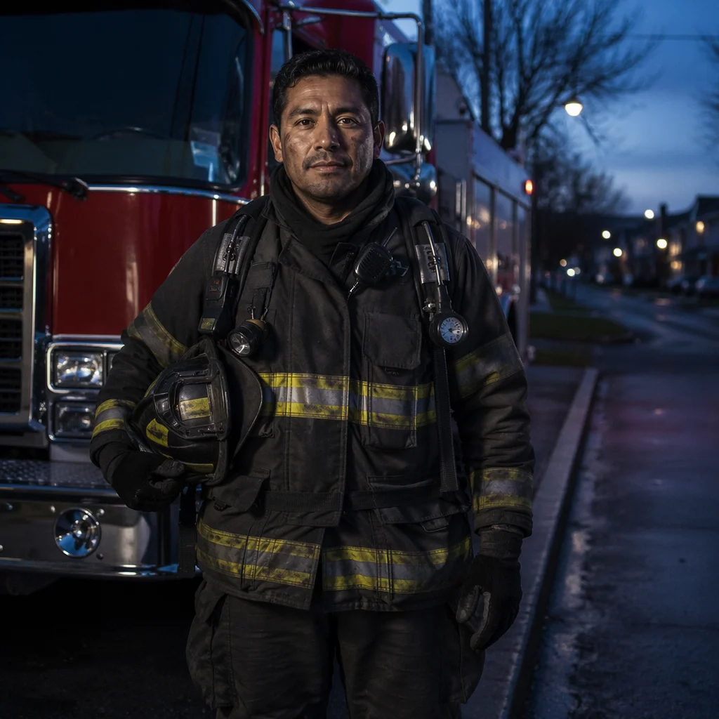 Firefighter Beside Red Fire Truck at Dusk