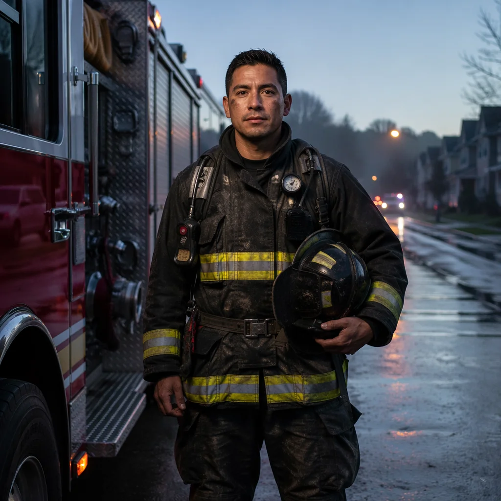 Firefighter Beside Red Fire Truck at Dawn