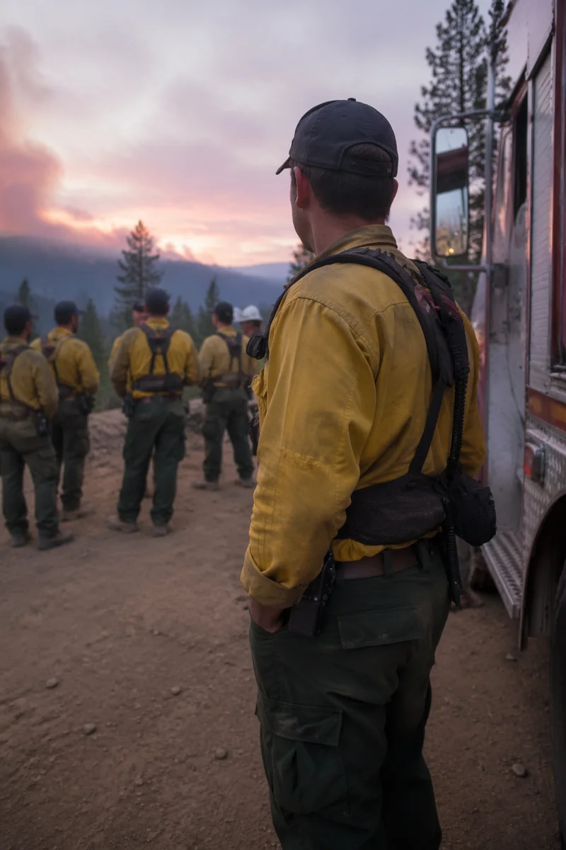 Wildland Firefighter Beside Truck at Dusk