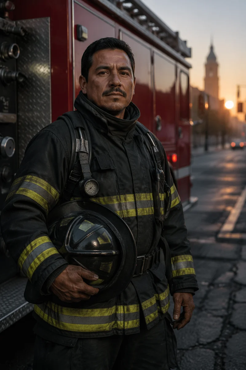 Firefighter Beside Red Fire Truck at Dawn