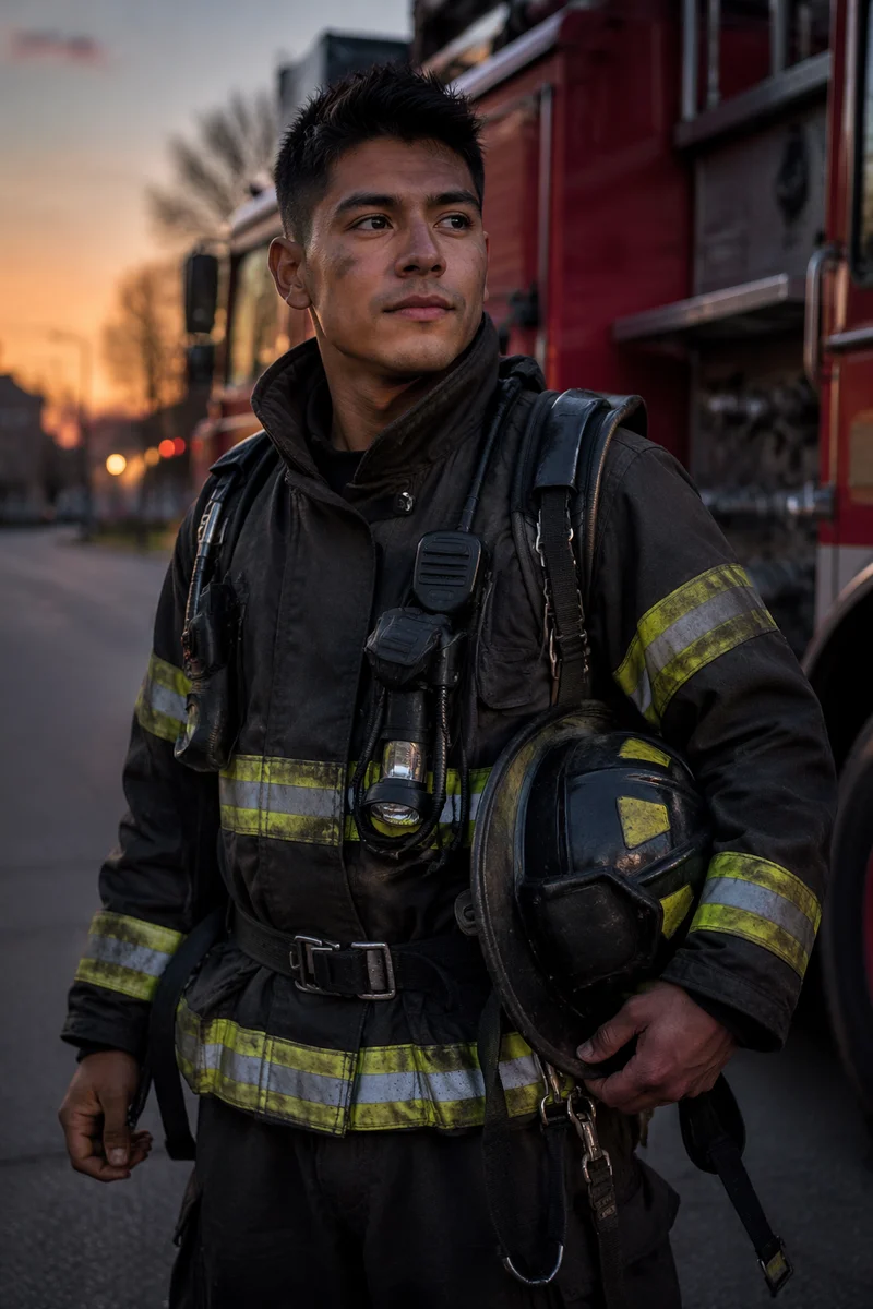 Firefighter Beside Red Fire Truck at Dawn