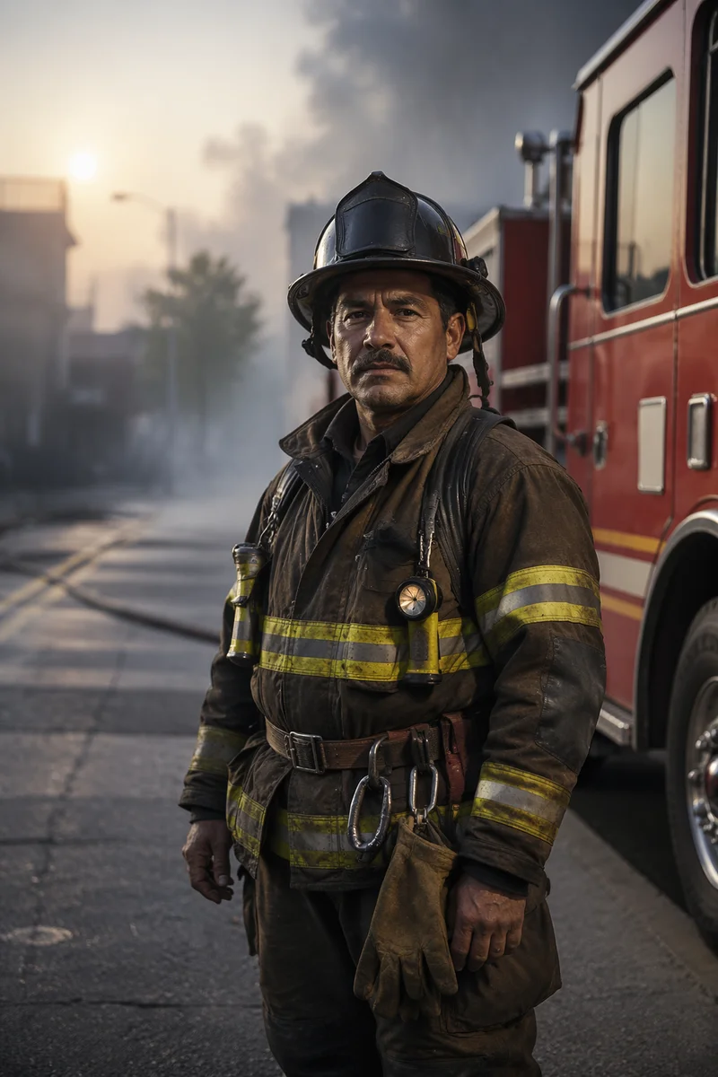 Firefighter Beside Red Fire Truck at Sunrise
