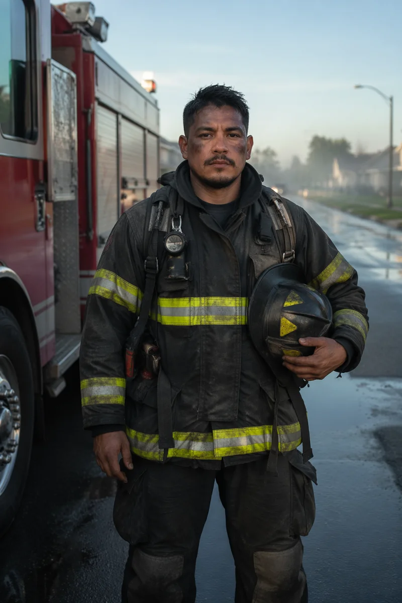 Firefighter Beside Red Fire Truck at Dawn