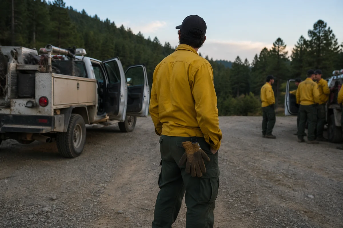 Wildland Firefighter Beside Brush Truck at Dusk