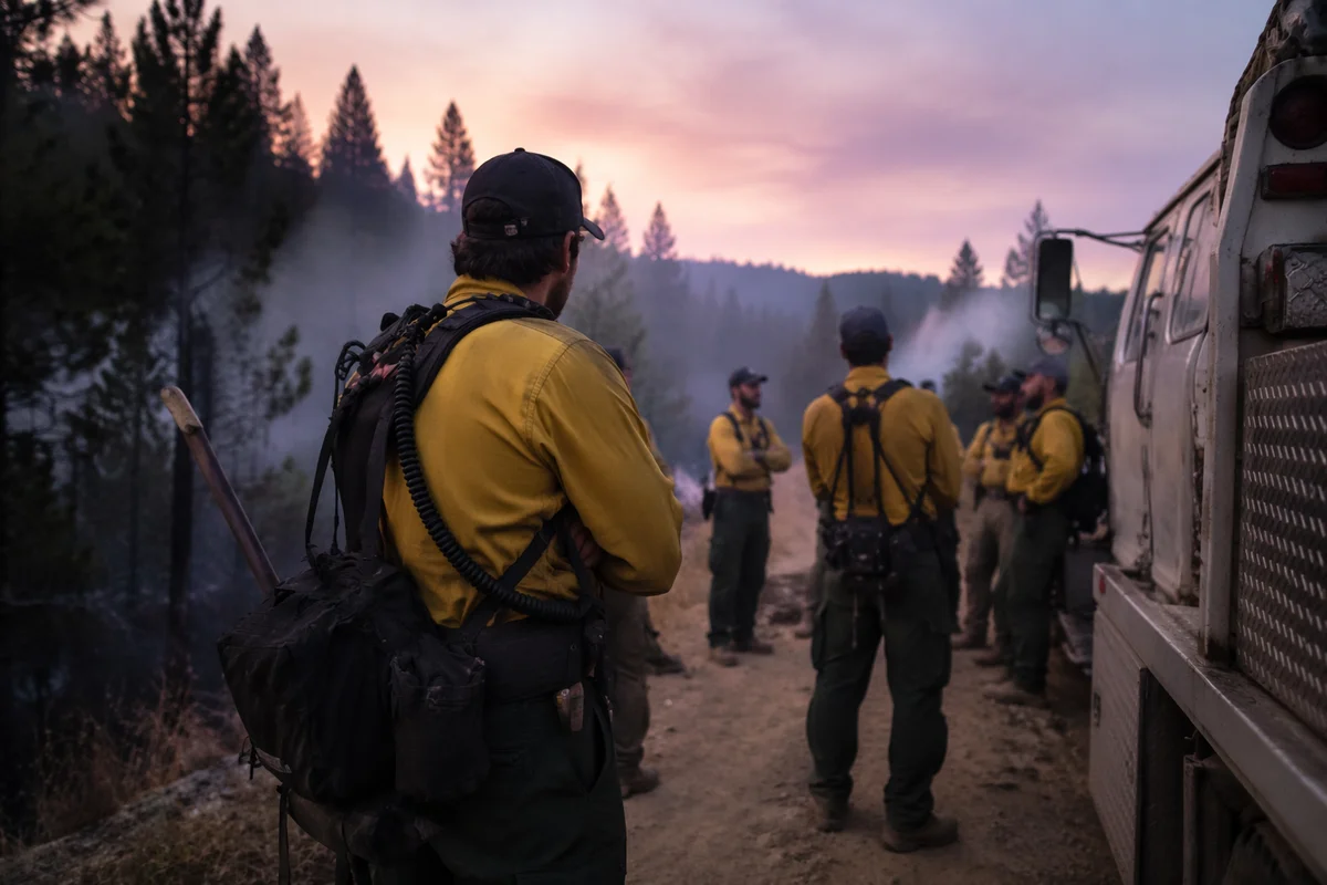 Wildland Firefighter Briefing Beside Forest Truck