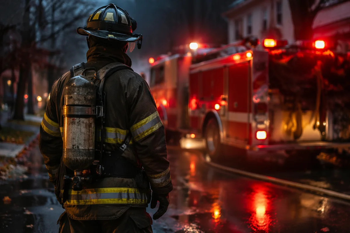 Firefighter Beside Fire Truck at Dusk