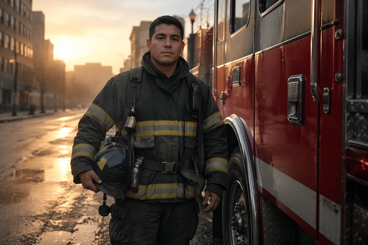 Firefighter Beside Red Truck at Sunrise