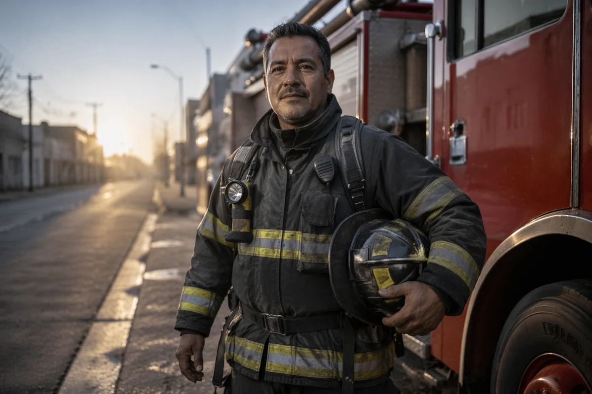 Firefighter Beside Red Fire Truck at Dawn