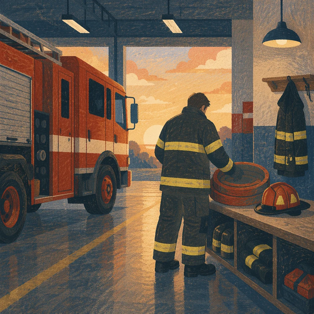 Firefighter Preparing Beside Fire Truck at Dawn