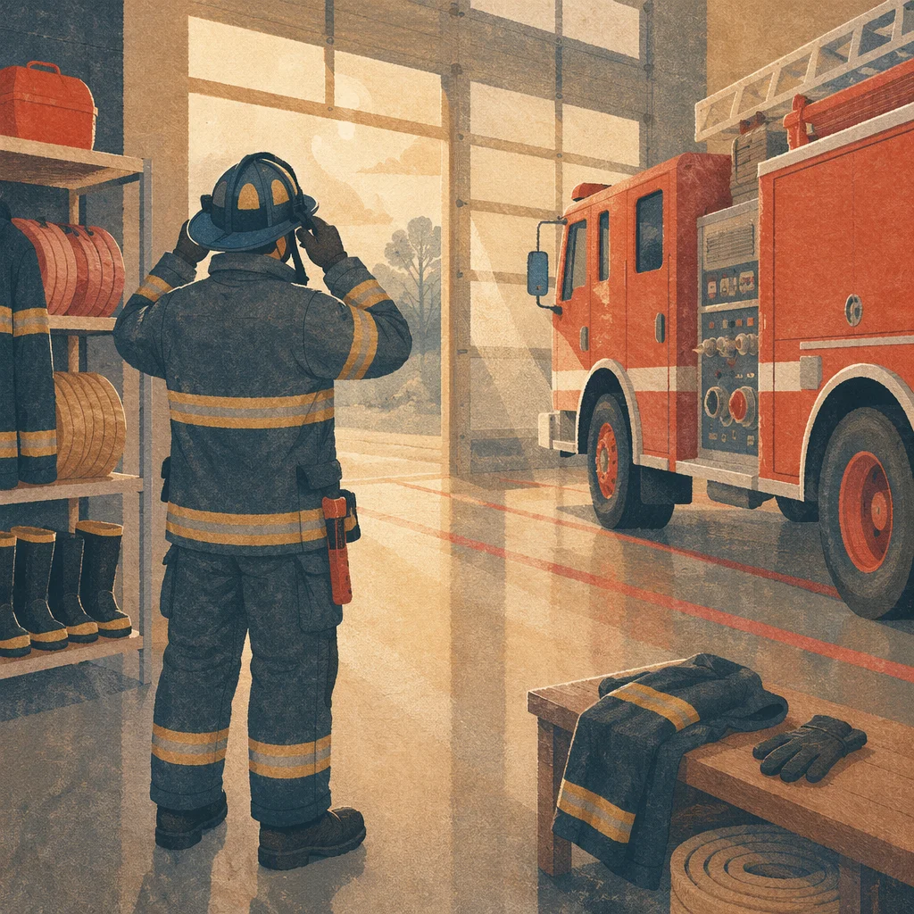 Firefighter Preparing Beside Truck at Station