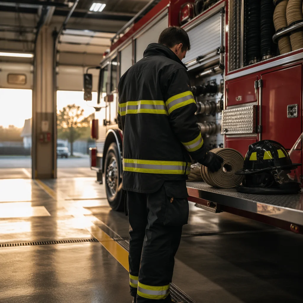 Firefighter Preparing Beside Truck at Dawn