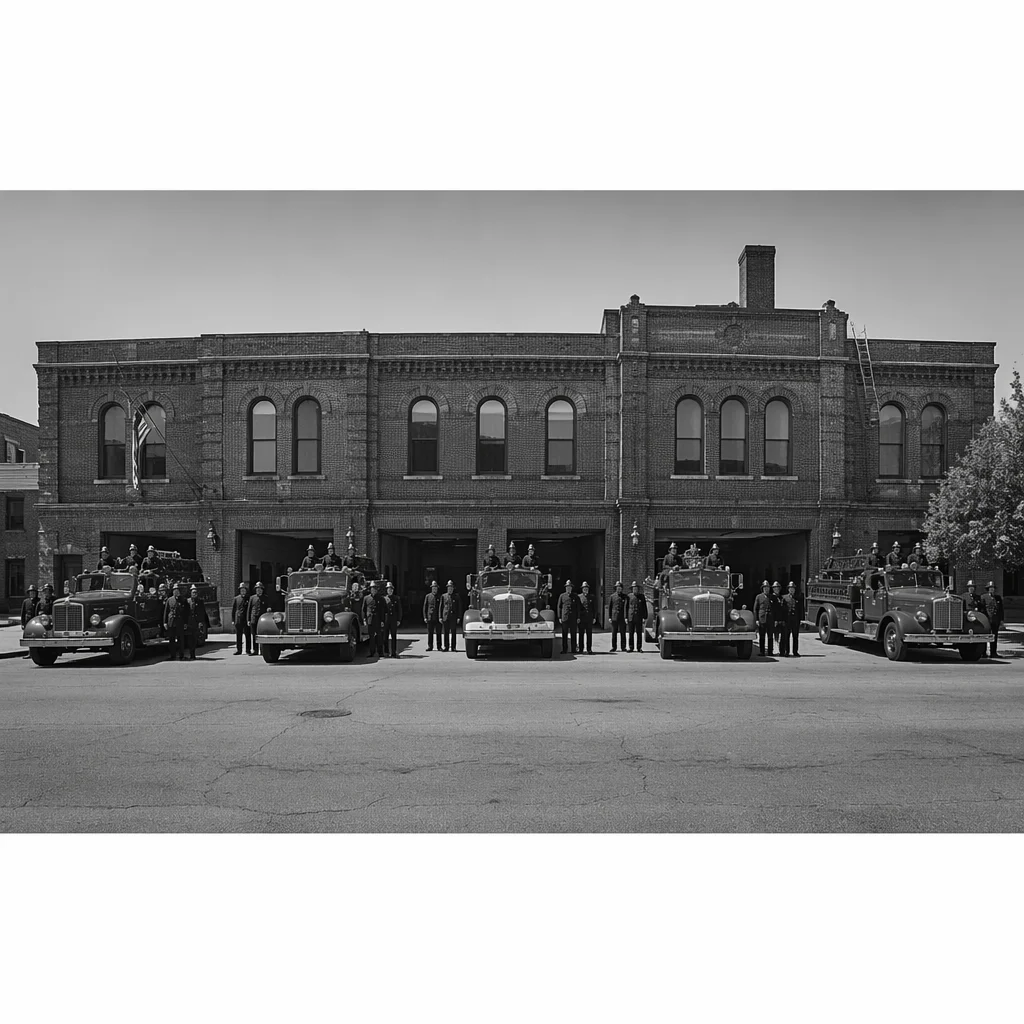 Firefighters at Historic Station With Fire Trucks