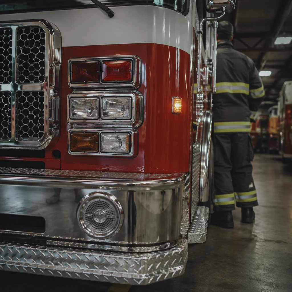 Firefighter Beside Fire Truck in Station