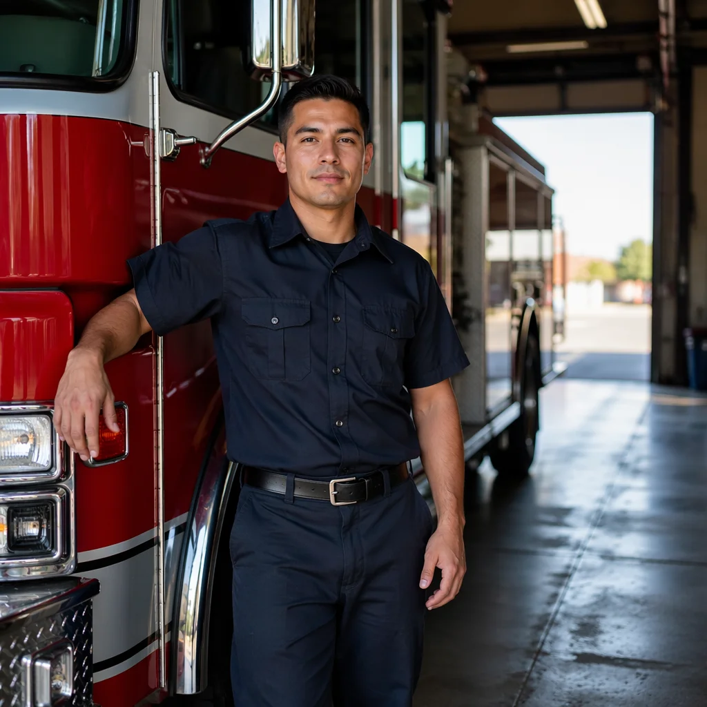 Confident Firefighter Beside Fire Truck Station