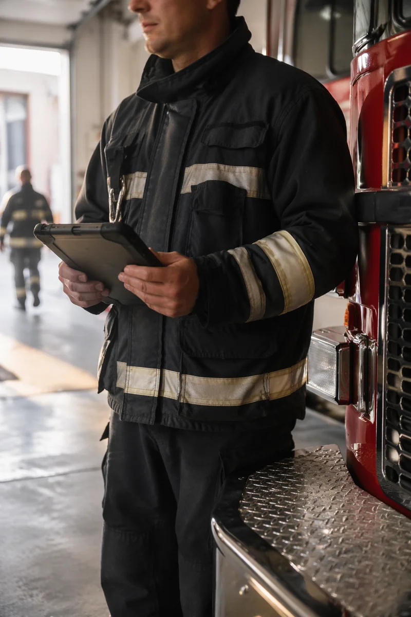 Firefighter Checking Tablet in Fire Station