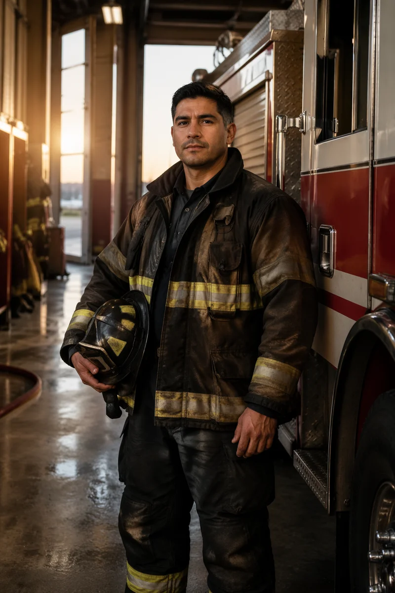 Firefighter Standing Beside Fire Truck