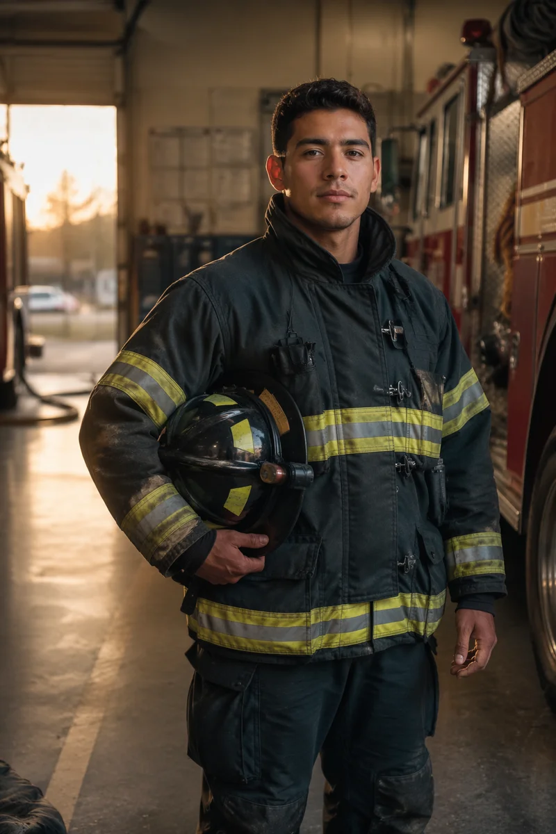 Young Firefighter Beside Fire Engine