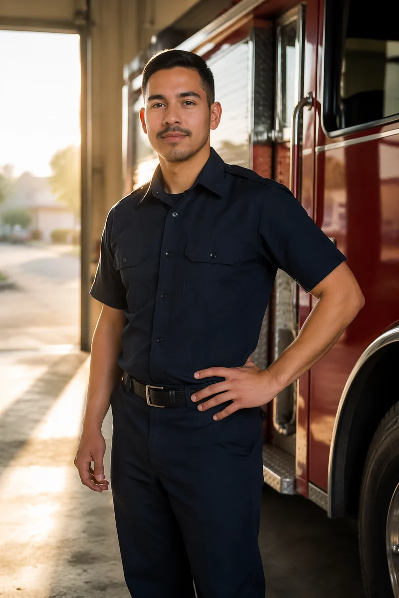 Firefighter Beside Red Fire Engine