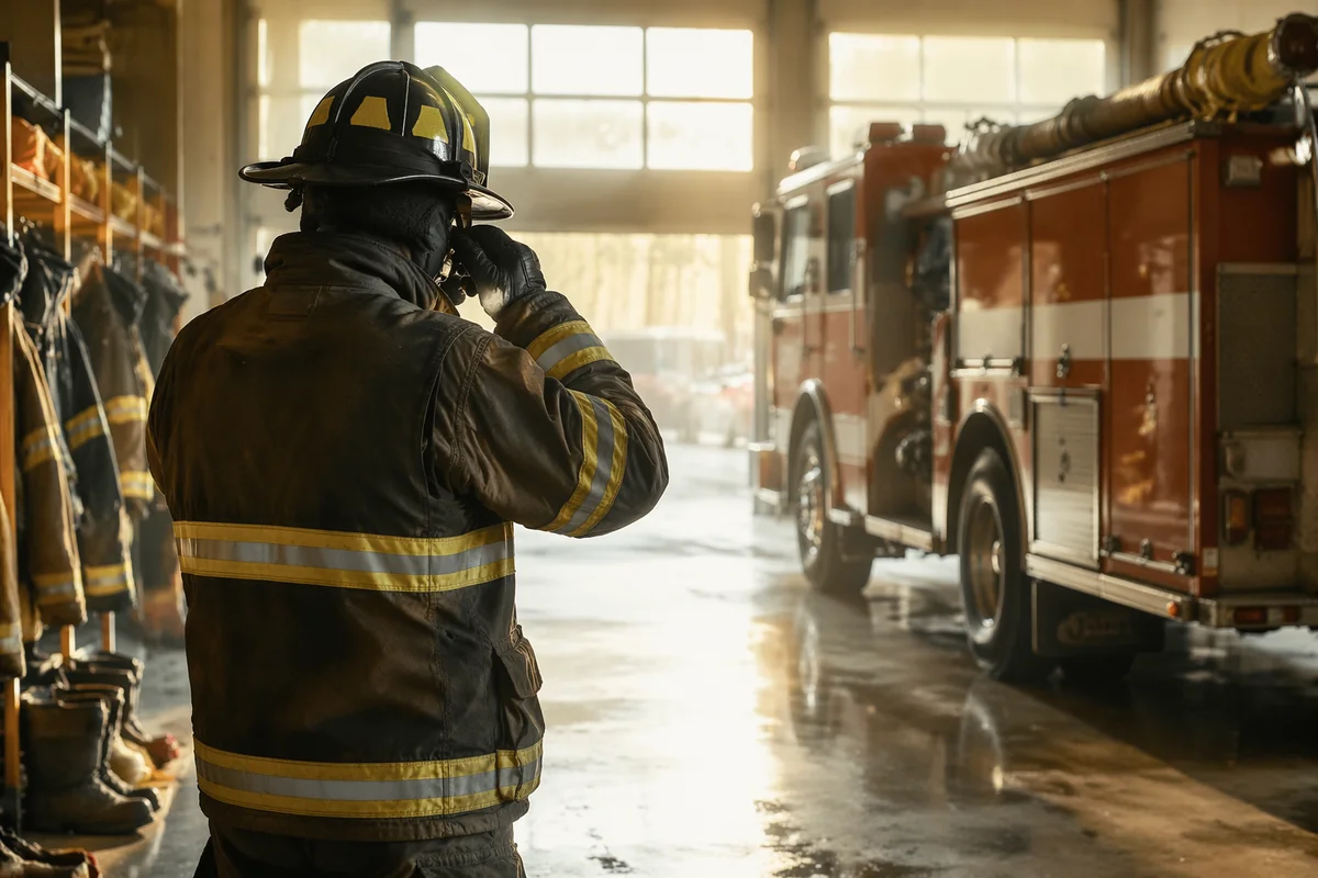 Firefighter Preparing Beside Truck at Station