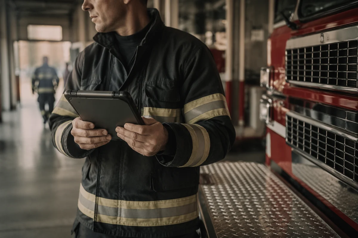 Firefighter Checking Tablet Beside Fire Engine