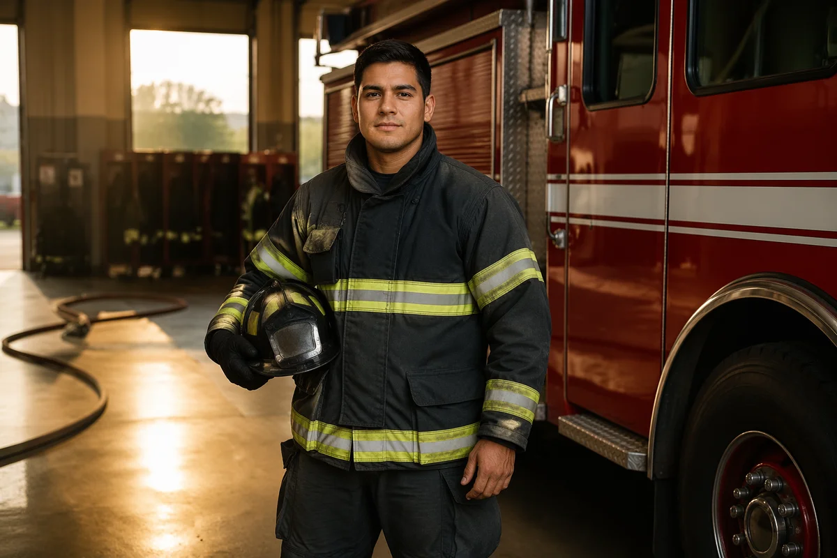 Firefighter Beside Red Fire Engine