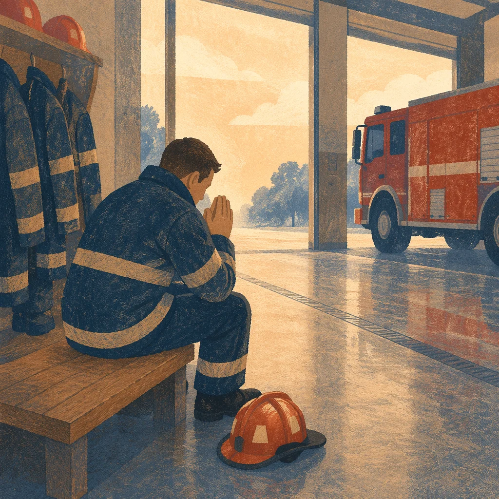 Firefighter Praying at Dawn in Station